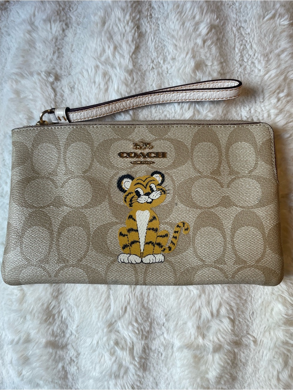 Coach Beige Signature Canvas Wristlet with Tiger Motif